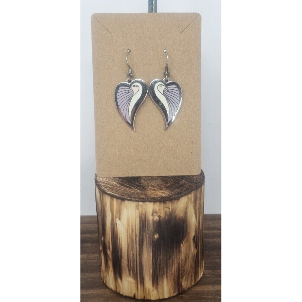 Laurel Burch Bird Dove Heart Purple Pink White Silver Tone 1" Dangle Earrings